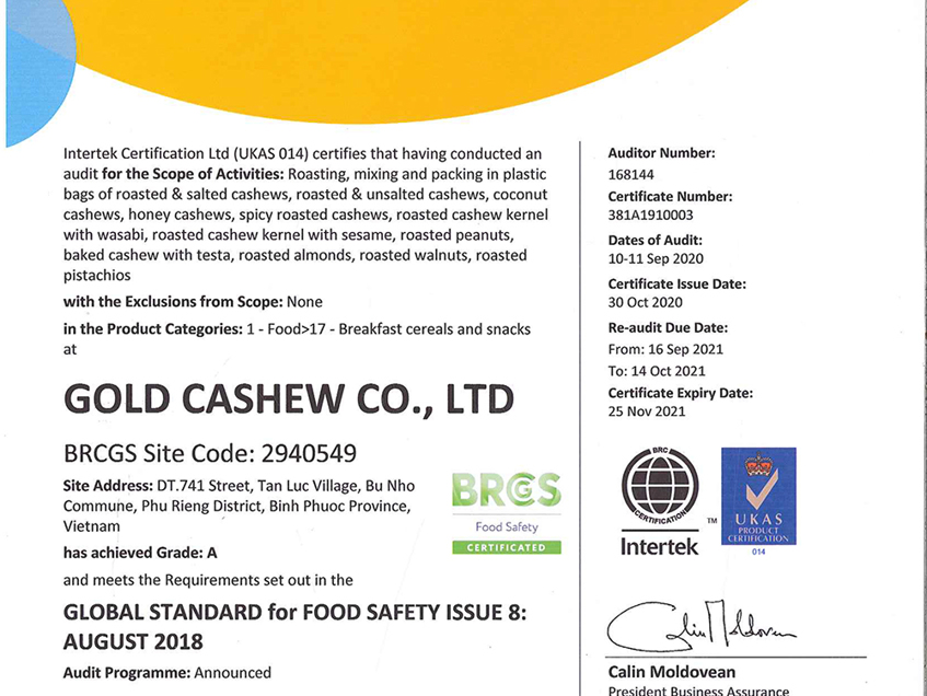 BRC Food Certified: Gold Cashew's Golden Pledge to Quality Cashew Nuts