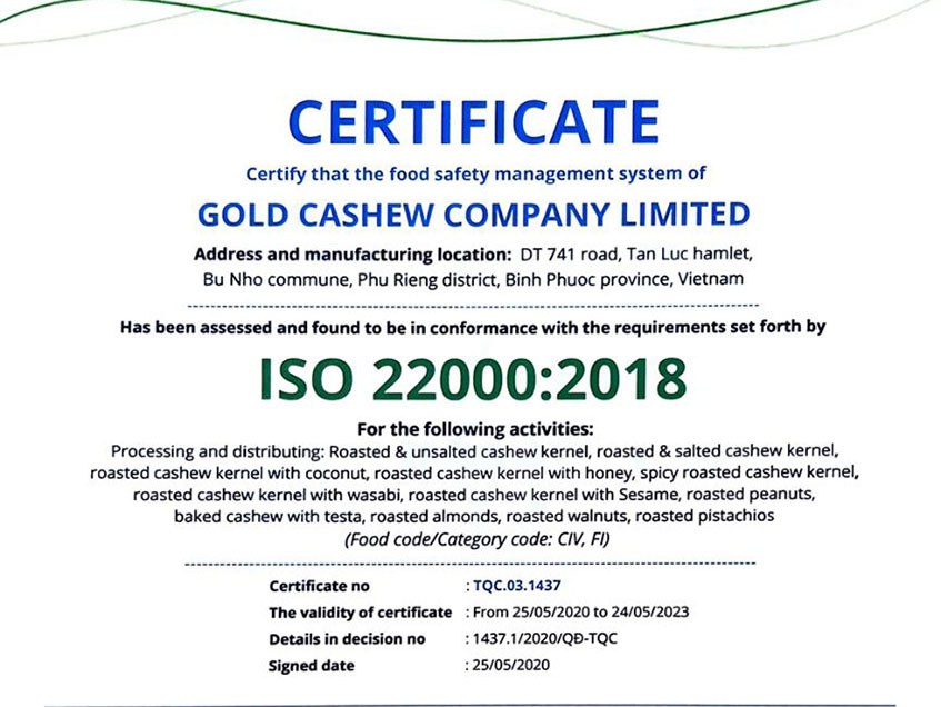 Our Iso 22000: 2018 and HACCP Certificate